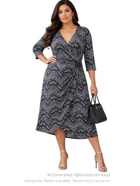 Geometric Faux Wrap Midi Dress Belted Waist Stretch Fit 2X Plus Chic